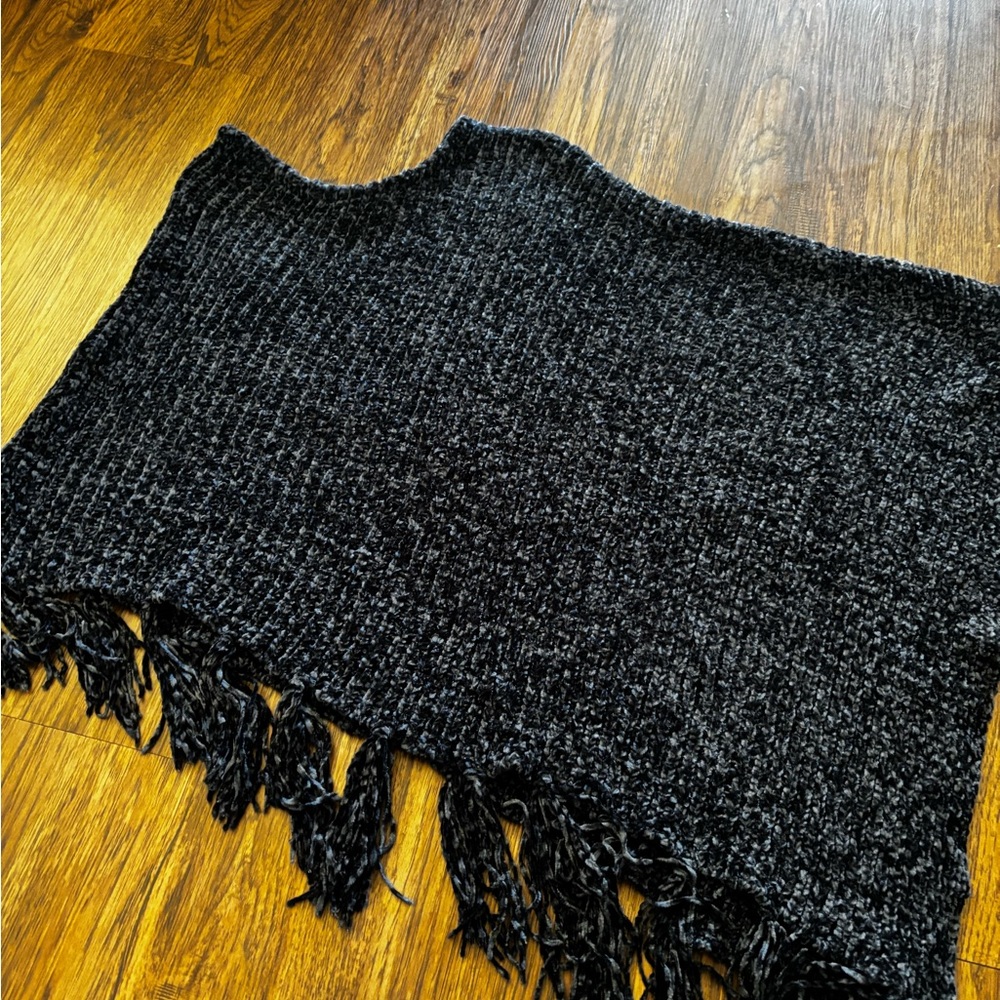 Cozy Asymmetrical Navy Blue Fringed Poncho from 2 Chic